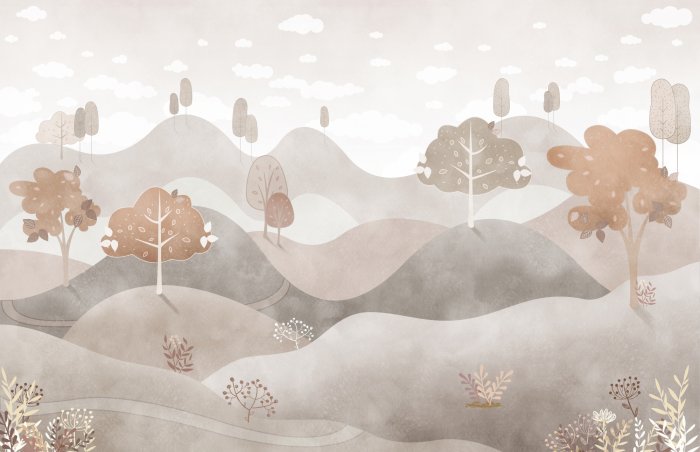 Fototapete Herbstlandschaft mit Bäumen auf Hügeln im Aquarellstil