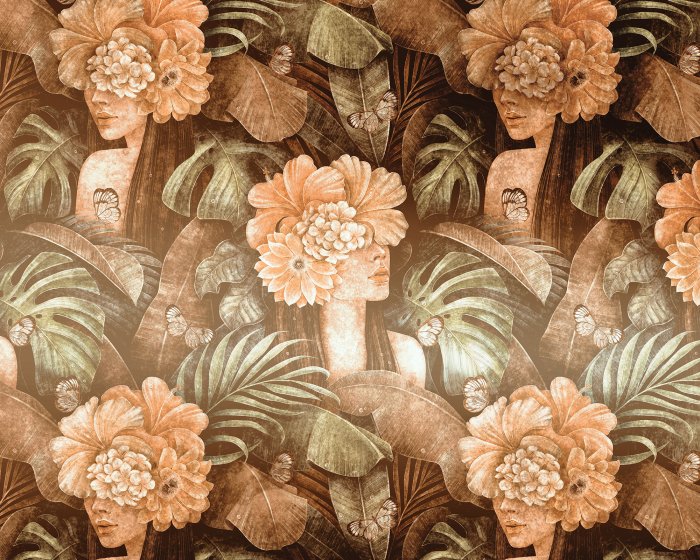 Fototapete Vintage-Muster mit Frauen zwischen Blumen