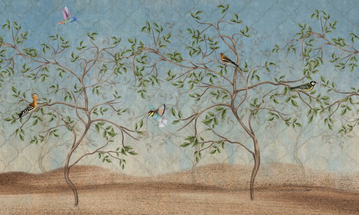 Fototapete Vögel und Bäume mit geometrischen Formen im Hintergrund