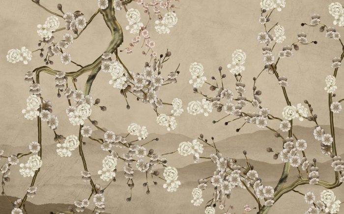 Fototapete Blühende Blumen auf Ästen mit strukturiertem Hintergrund