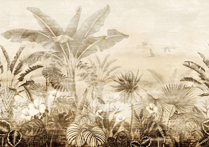 Fototapete Vögel und Dschungellandschaft im Vintage-Stil
