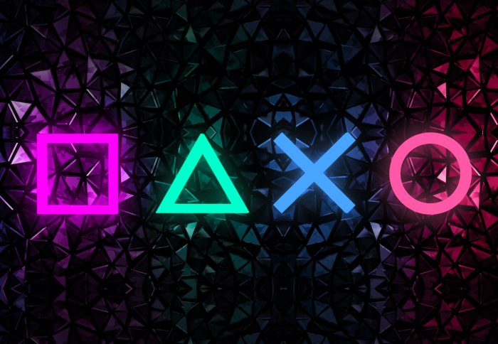 Fototapete Neon-Spielsymbole auf geometrischem Hintergrund