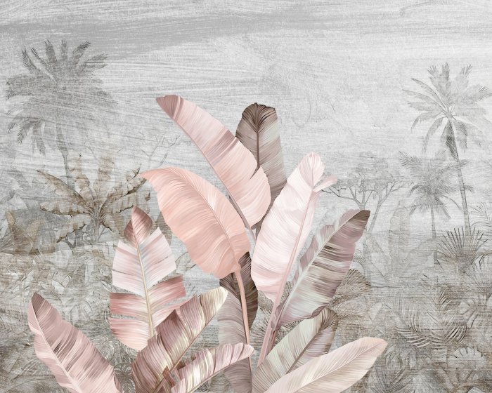 Fototapete Pastellfarbene tropische Blätter auf grauem Palmenhintergrund