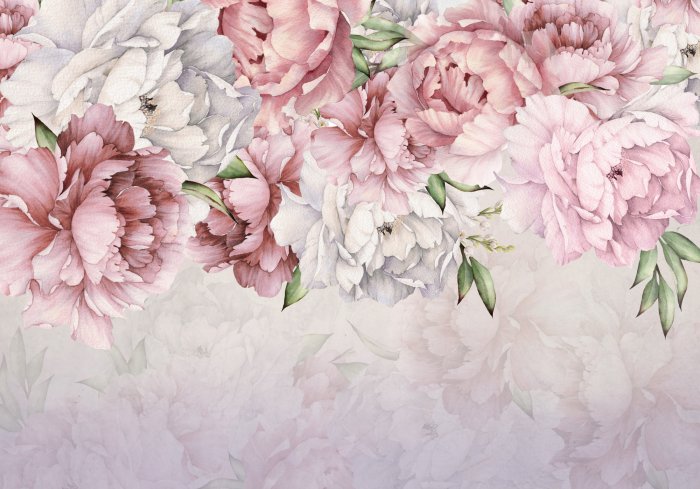 Fototapete Pudrige Blüten, die von oben vor einem hellen Hintergrund hängen