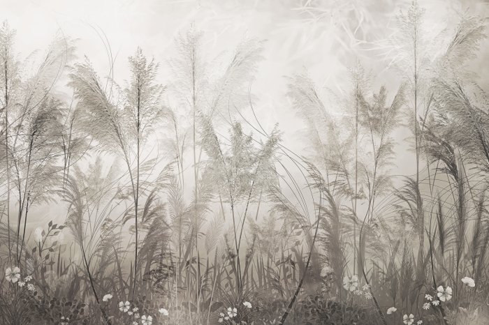 Fototapete Botanische Komposition aus beigen Gräsern und weißen Blüten