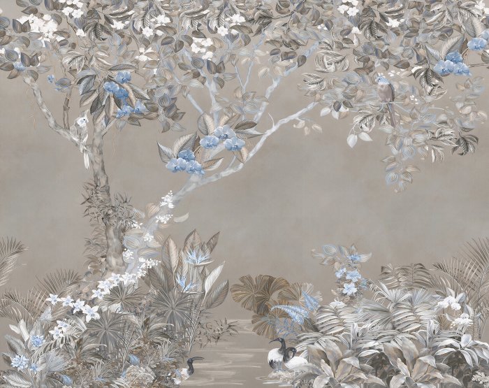 Fototapete Blau blühende Bäume und Papageien