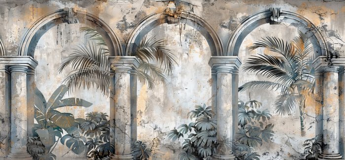 Fototapete Ein Wandbild mit Säulen und architektonischen Bögen zwischen Palmen