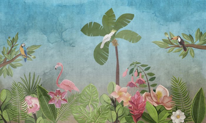 Fototapete Tropisches Paradies mit Flamingos und Papageien