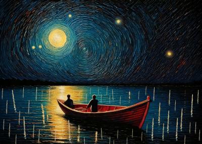 Poster Sternennacht gesehen von einem Boot auf dem See