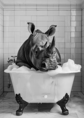 Poster Nashorn in der Badewanne schwarz weißes Muster