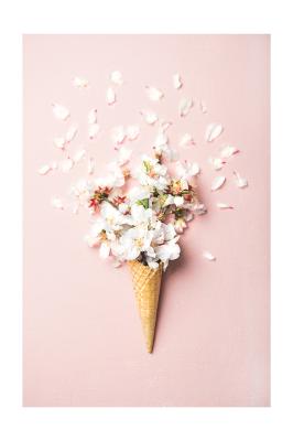 Poster Kirschblüten in einer Waffeltüte auf rosa Hintergrund