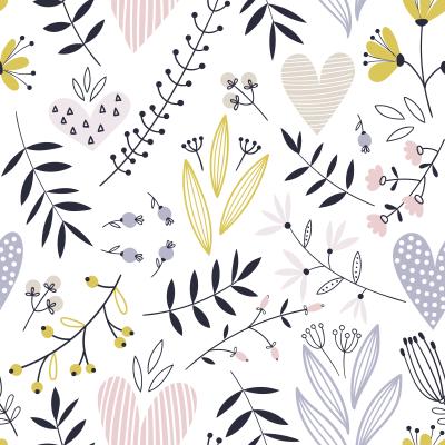 Tapete Pastellfarbene Blätter Pflanzen und Herzen