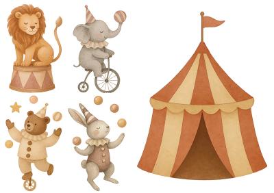 Sticker Löwe Elefant Bär und Kaninchen Zirkustiere
