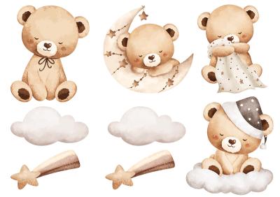 Sticker Schlafende Teddybären Wolken und Sterne in Pastellfarben