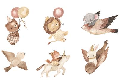 Sticker Niedliche Aquarelltiere mit Luftballons