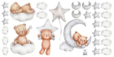 Sticker Aquarell-Teddybären Wolken Sterne und Monde