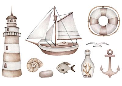 Sticker Nautische Illustration eines Schiffes, eines Leuchtturms und eines Ankers