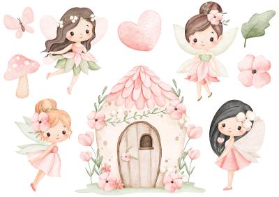 Sticker Aquarell-Feen und Blumen