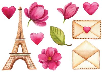 Sticker Eiffelturm rosa Magnolienblüten und Herzen