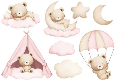 Sticker Aquarell-Teddybären und Wolken