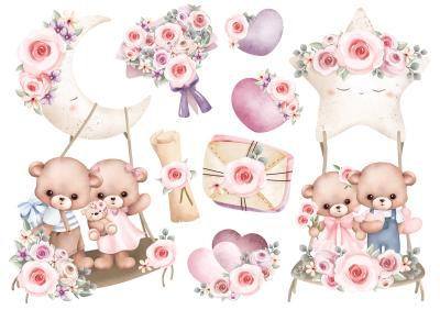 Sticker Teddybären auf Schaukeln mit Blumen Mond und Stern