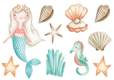 Sticker Aquarellmeerjungfrau und Muscheln