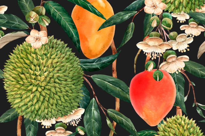 Bild Durians und Mangos in einer tropischen Komposition