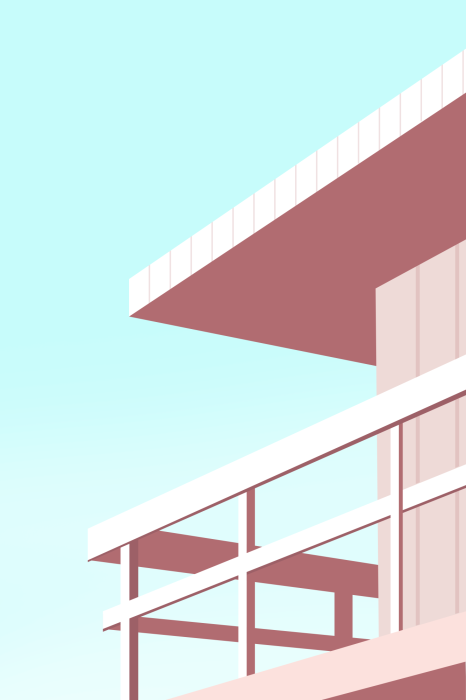 Fototapete Ein rosafarbenes Haus am Meer vor blauem Himmel