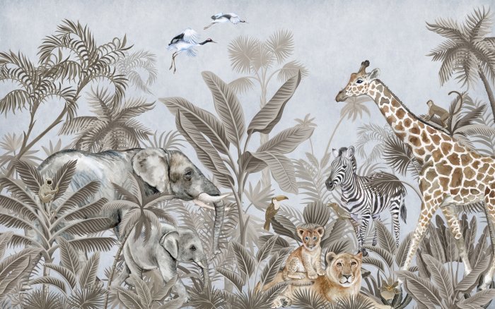 Fototapete Exotische Tiere in einer Pflanzenlandschaft