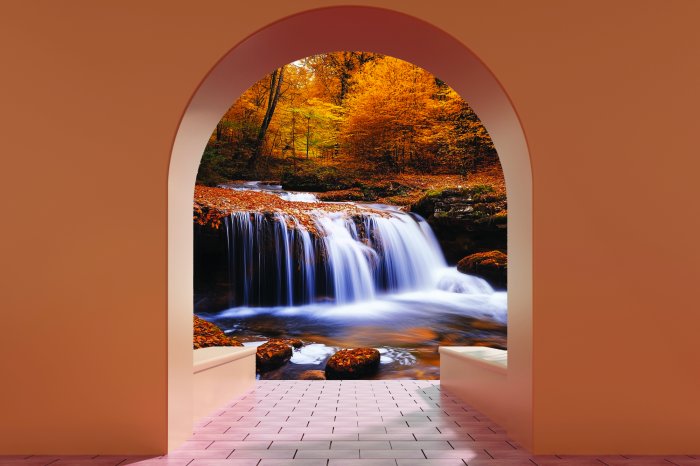 Fototapete Blick auf einen Wasserfall im herbstlichen Wald