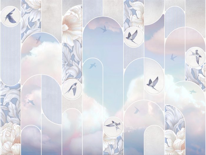 Fototapete Vögel, Wolken und Blumen in geometrischen Formen, Pastellmuster