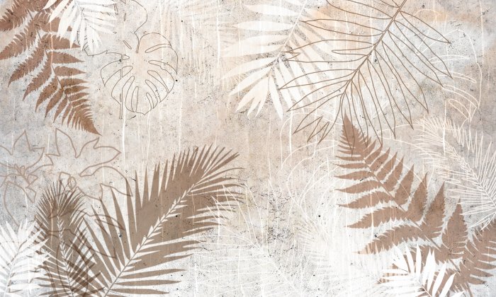 Fototapete Monstera-, Palmen- und Farnblätter auf texturiertem Hintergrund mit Betoneffekt