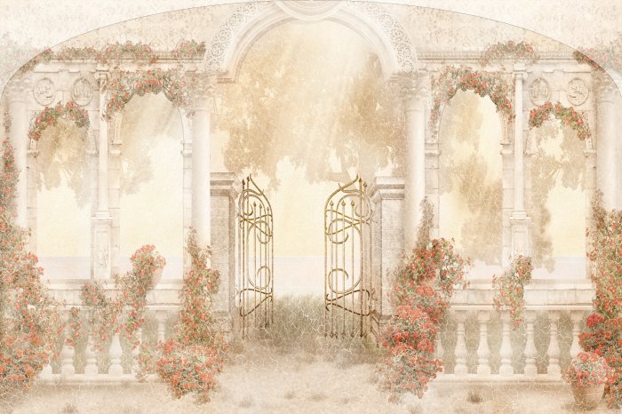 Fototapete Tor und Säulen Architektur rote Blumen strukturierter Hintergrund