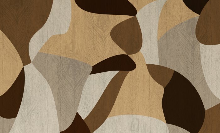 Fototapete Pfauenfedern auf abstraktem Holzhintergrund geometrische Formen