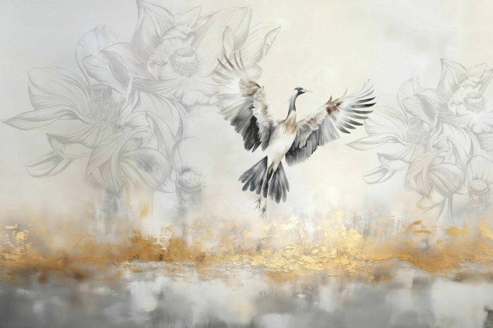 Fototapete Fliegender Vogel vor einem pflanzlichen Hintergrund