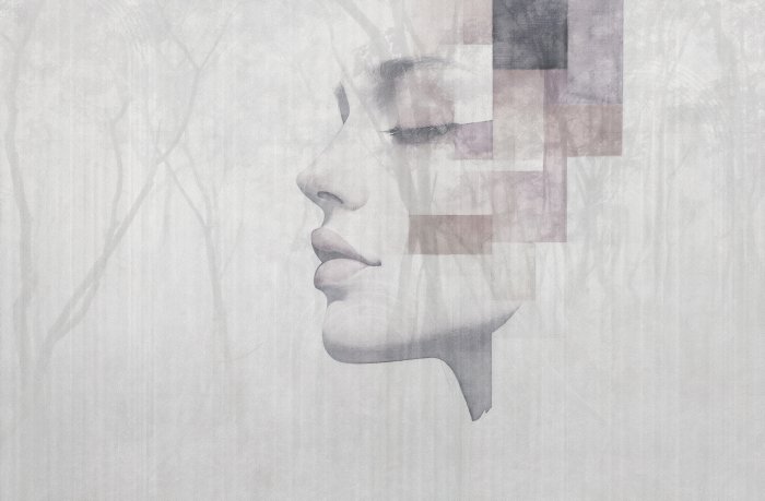 Fototapete Aquarellporträt einer Frau mit Waldlandschaft und Bäumen im Hintergrund