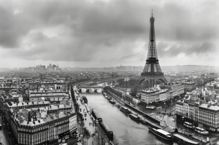 Fototapete Städtische Landschaft von Paris mit dem Fluss und dem Eiffelturm