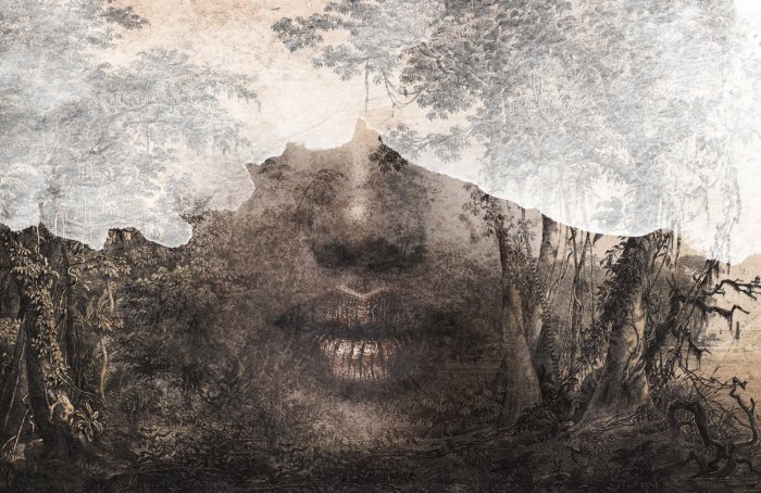 Fototapete Abstraktes Frauenporträt mit goldenem Akzent auf den Lippen zwischen tropischen Pflanzen