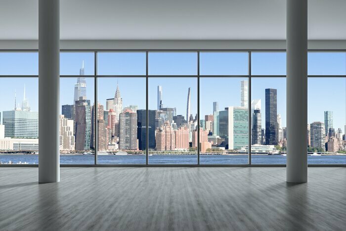 Fototapete Panorama der Wolkenkratzer von New York City durch Fenster