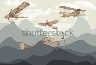 Fototapete Illustration Flugzeuge mit Doppeldeckern über Bergen