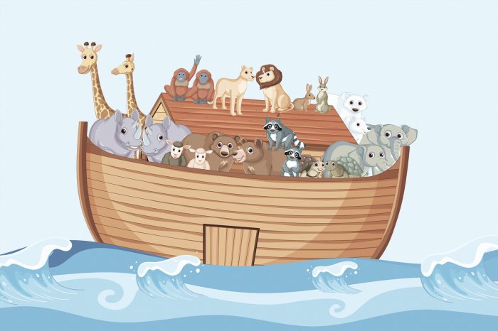 Fototapete Boot voll mit Tieren, das auf den Wellen schaukelt