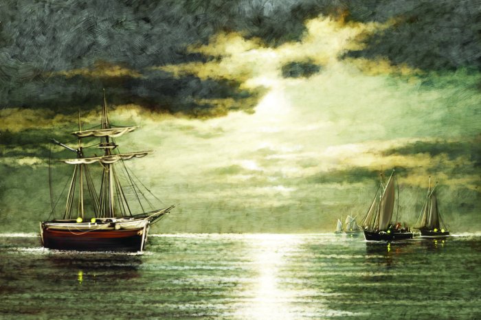 Fototapete Skizze eines Segelschiffs auf dem Meer bei Sonnenuntergang