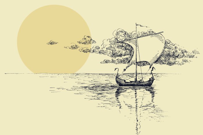 Fototapete Skizze eines Segelschiffs auf dem Meer bei Sonnenuntergang