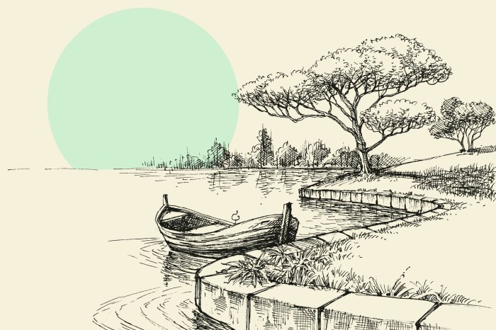 Fototapete Zeichnung eines Bootes vor dem Hintergrund eines Waldes und der Sonne