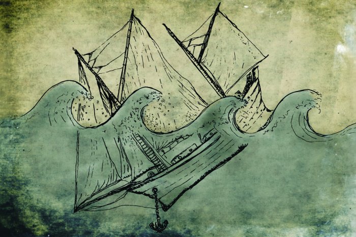 Fototapete Nachbildung eines sinkenden Schiffs auf dem Meer mit Wellen