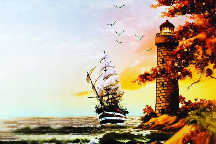 Fototapete Schiff auf See segelt neben einem Leuchtturm