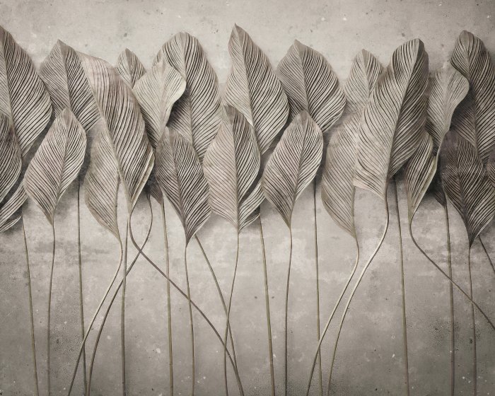 Fototapete Monochrome 3D-Blätter auf Beton