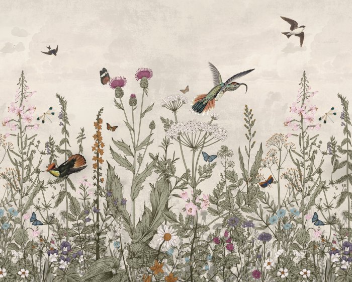 Fototapete Blühende Wiese und Vögel Landschaft