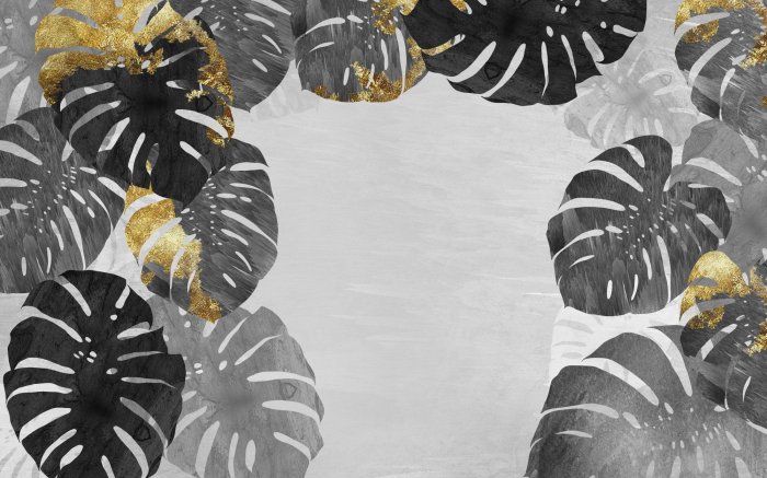 Fototapete Monstera-Blätter mit goldenen Elementen auf grauem Hintergrund