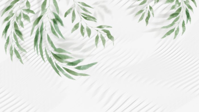 Fototapete Grüne Blätter, die von oben auf weißem Hintergrund hängen